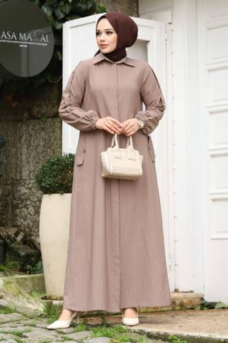 Arkası A pileli Tesettür Ferace TSD240226 Vizon 