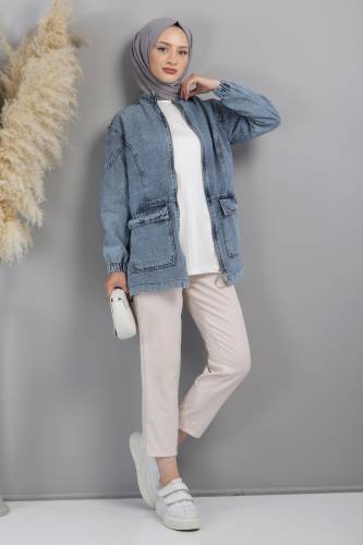 Arkası Nakışlı Kot Ceket TSD220708 Mavi - Tesettür Dünyası