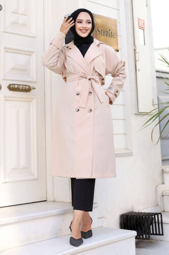 Arkası Düğme Detaylı Kruvaze Yaka Trençkot TSD240714 Bej 