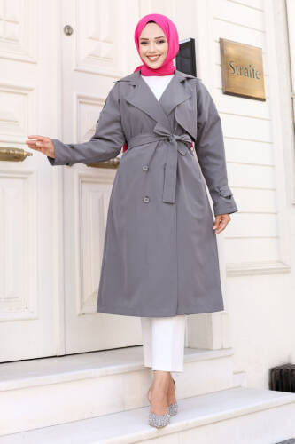 Arkası Düğme Detaylı Kruvaze Yaka Trençkot TSD240714 Gri 
