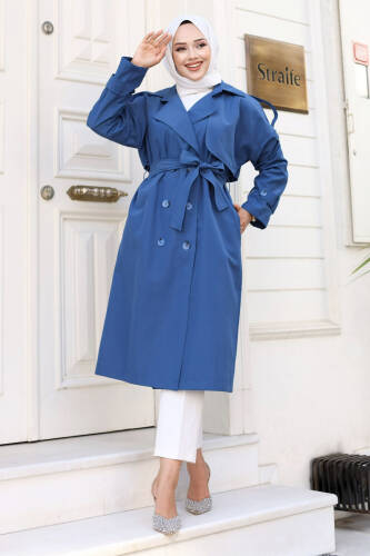 Arkası Düğme Detaylı Kruvaze Yaka Trençkot TSD240714 Mavi 