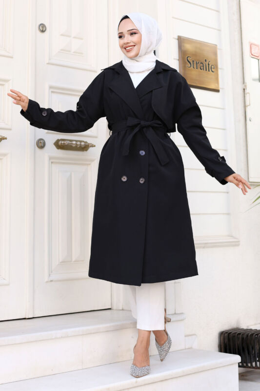 Arkası Düğme Detaylı Kruvaze Yaka Trençkot TSD240714 Siyah - 3