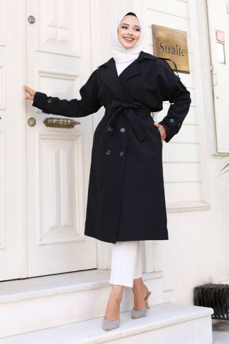 Arkası Düğme Detaylı Kruvaze Yaka Trençkot TSD240714 Siyah - 1