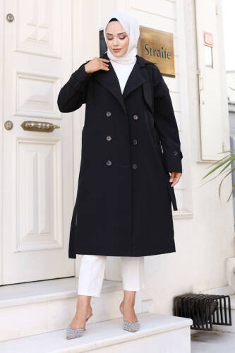 Arkası Düğme Detaylı Kruvaze Yaka Trençkot TSD240714 Siyah - 4