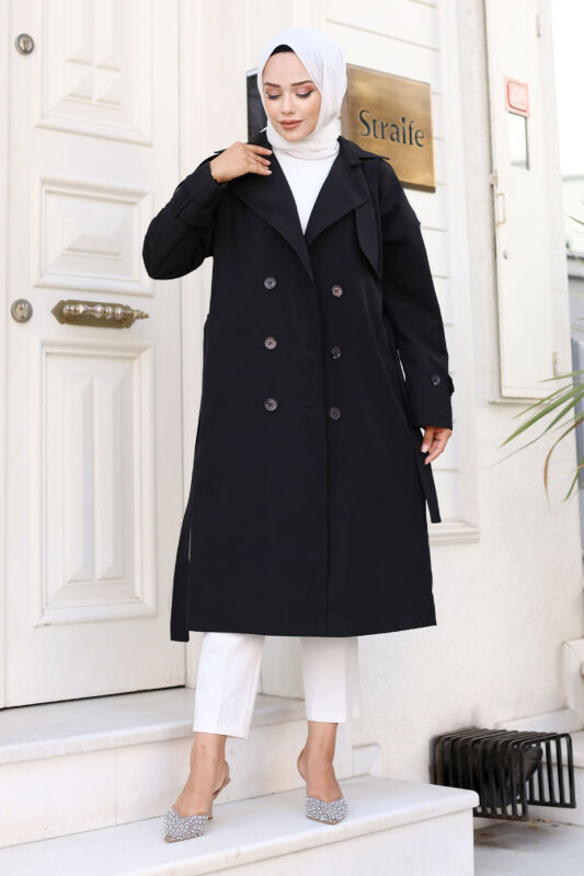Arkası Düğme Detaylı Kruvaze Yaka Trençkot TSD240714 Siyah - 4
