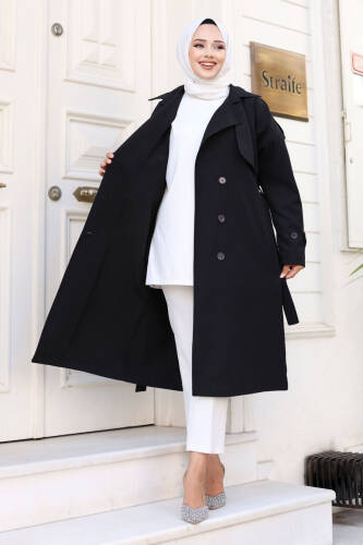 Arkası Düğme Detaylı Kruvaze Yaka Trençkot TSD240714 Siyah - 5