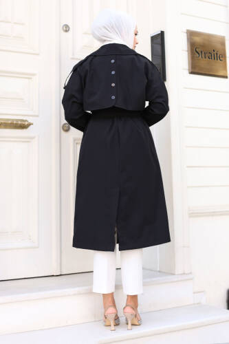 Arkası Düğme Detaylı Kruvaze Yaka Trençkot TSD240714 Siyah - 6