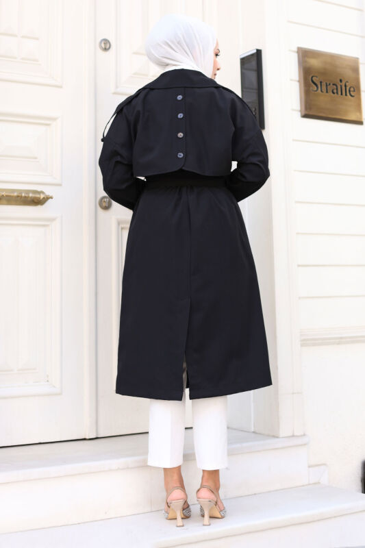 Arkası Düğme Detaylı Kruvaze Yaka Trençkot TSD240714 Siyah - 6