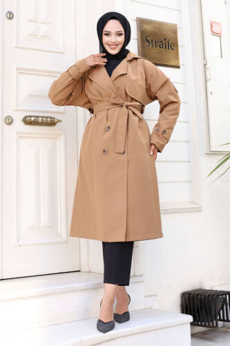 Arkası Düğme Detaylı Kruvaze Yaka Trençkot TSD240714 Taba 