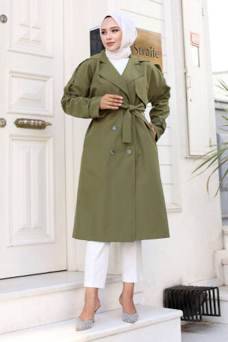 Arkası Düğme Detaylı Kruvaze Yaka Trençkot TSD240714 Yeşil 