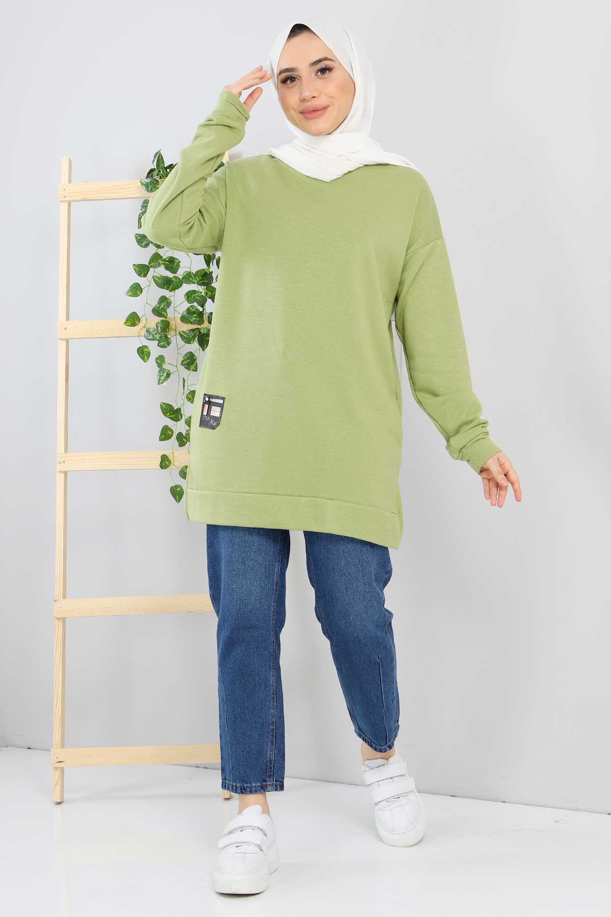 Tesettür Dünyası - Rigged Detailed Sweatshirt TSD220101 Green