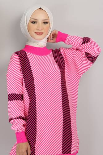 Asimetrik Çizgili Triko Takım TSD220721 Fuşya - 2