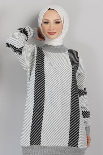 Asimetrik Çizgili Triko Takım TSD220721 Gri - Tesettür Dünyası (1)