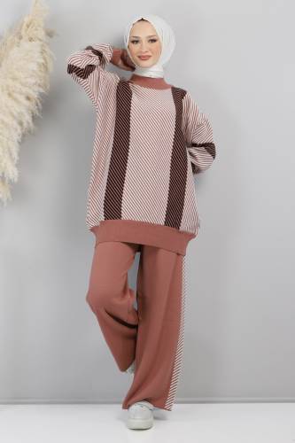 Asimetrik Çizgili Triko Takım TSD220721 Gül Kurusu 