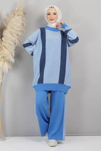 Asimetrik Çizgili Triko Takım TSD220721 Mavi 