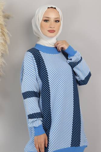 Asimetrik Çizgili Triko Takım TSD220721 Mavi - Tesettür Dünyası (1)