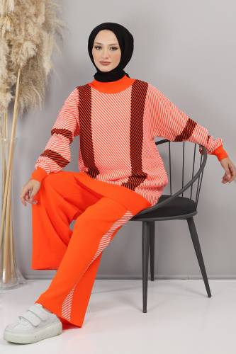 Asimetrik Çizgili Triko Takım TSD220721 Turuncu - 4