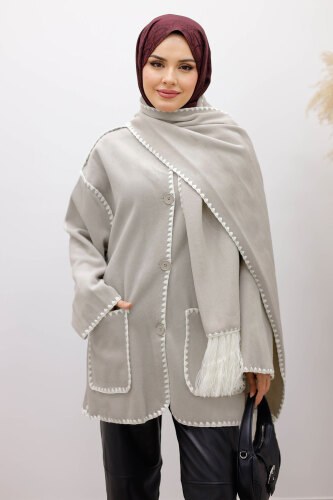 Atkılı Kaşe Kaban TSD260106 Gri - TESETTÜR DÜNYASI (1)