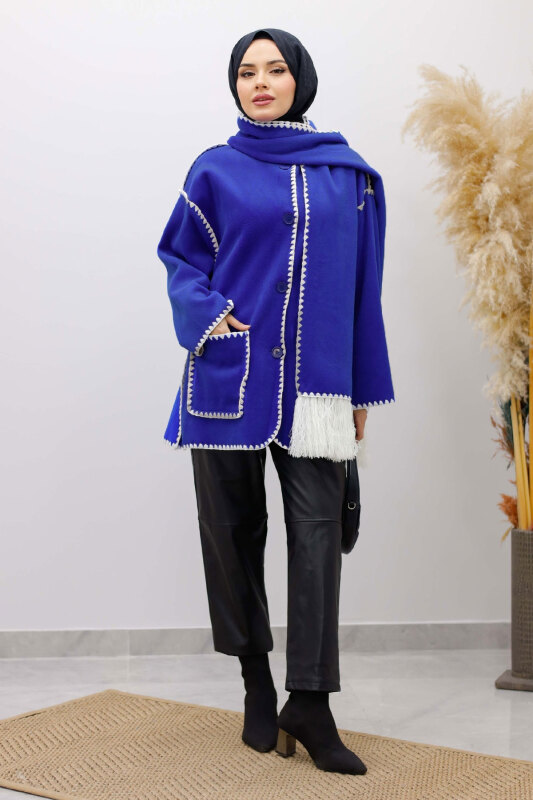 Atkılı Kaşe Kaban TSD260106 Saks Mavi - TESETTÜR DÜNYASI