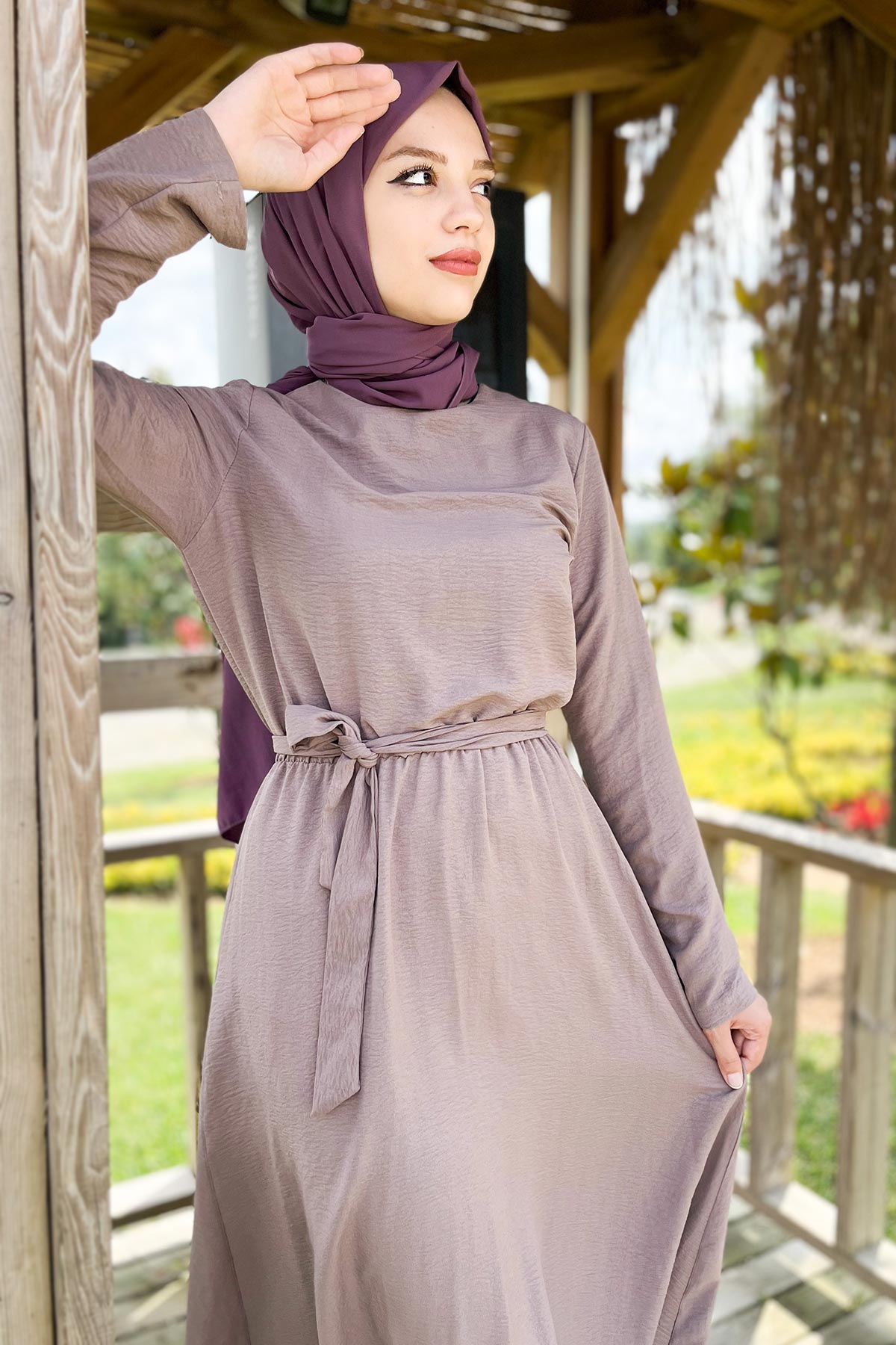 Tesettür Dünyası - Ayrobin Elbise TSD220540 Vizon