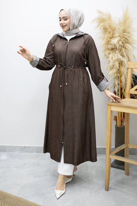 Bağlama Detaylı Kapüşonlu Kap TSD260163 Kahverengi - Tesettür Dünyası