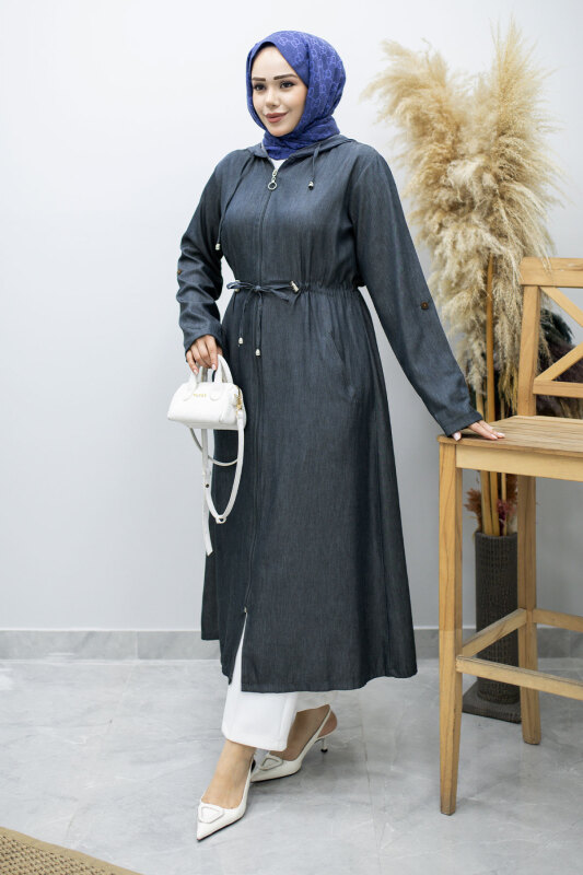 Bağlama Detaylı Kapüşonlu Kap TSD260163 Lacivert - Tesettür Dünyası