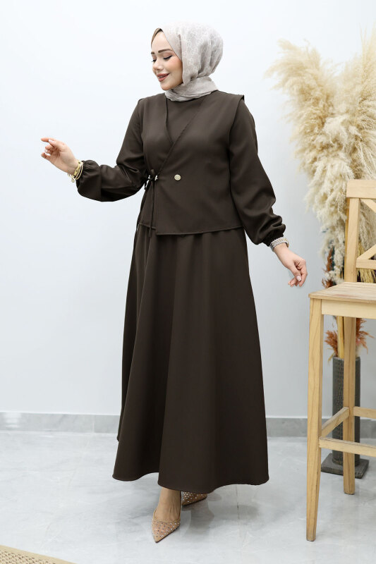 Bağlamalı Yelekli Elbise TSD260153 Acı Kahve - 1