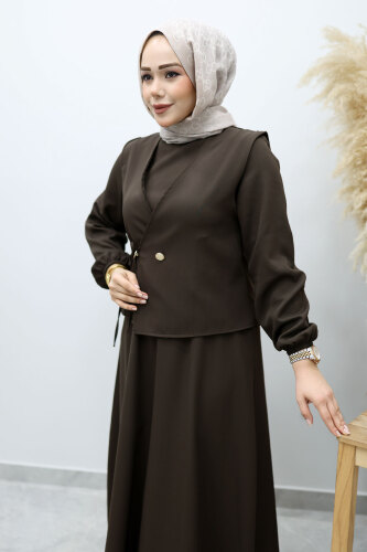 Bağlamalı Yelekli Elbise TSD260153 Acı Kahve - 2