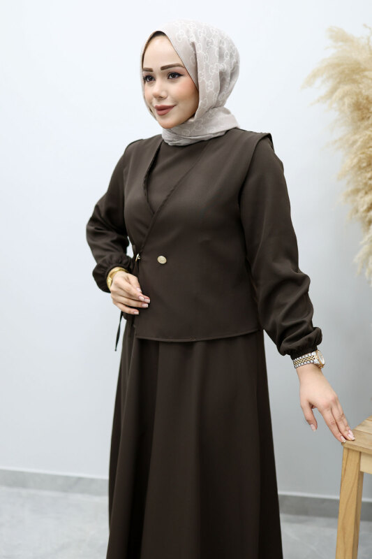 Bağlamalı Yelekli Elbise TSD260153 Acı Kahve - 2