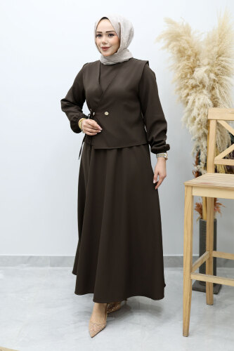 Bağlamalı Yelekli Elbise TSD260153 Acı Kahve - 3