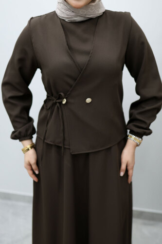 Bağlamalı Yelekli Elbise TSD260153 Acı Kahve - 4