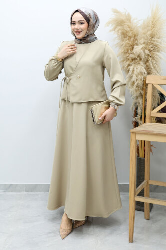 Bağlamalı Yelekli Elbise TSD260153 Bej - 1
