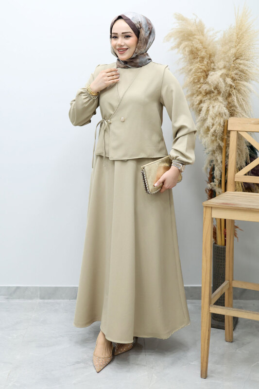 Bağlamalı Yelekli Elbise TSD260153 Bej - 1