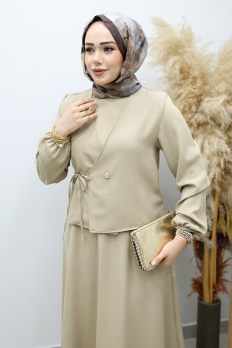 Bağlamalı Yelekli Elbise TSD260153 Bej - 2