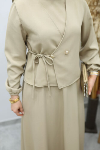 Bağlamalı Yelekli Elbise TSD260153 Bej - 4