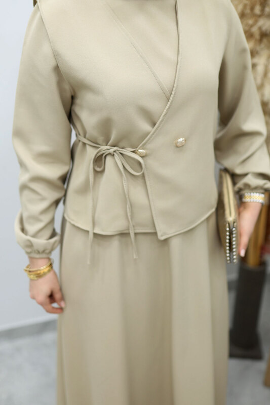 Bağlamalı Yelekli Elbise TSD260153 Bej - 4