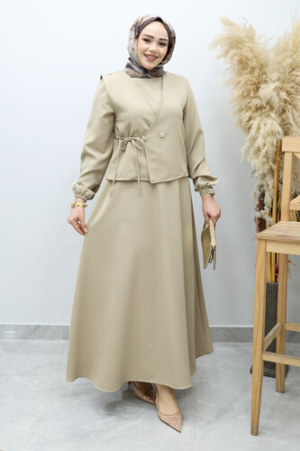 Bağlamalı Yelekli Elbise TSD260153 Bej - 5