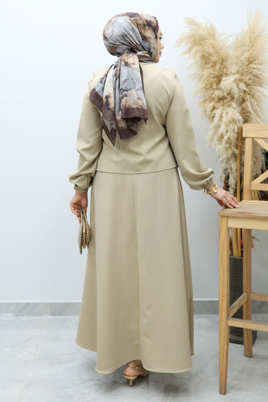 Bağlamalı Yelekli Elbise TSD260153 Bej - 6