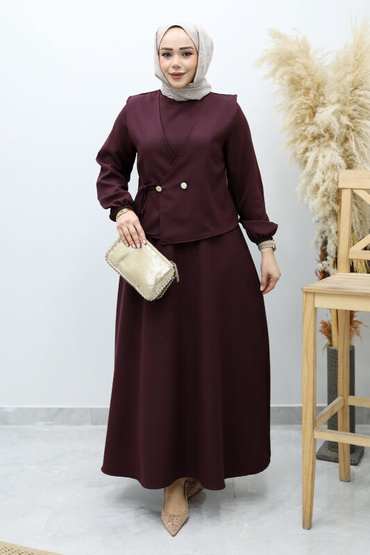 Bağlamalı Yelekli Elbise TSD260153 Bordo - 3