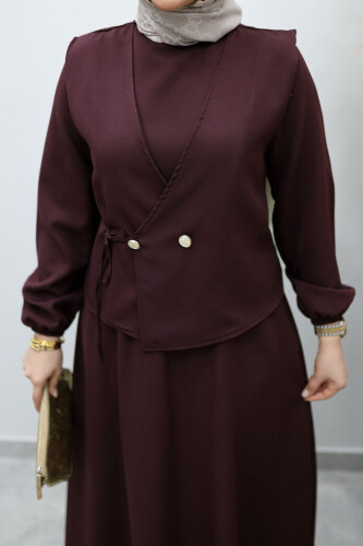 Bağlamalı Yelekli Elbise TSD260153 Bordo - 4
