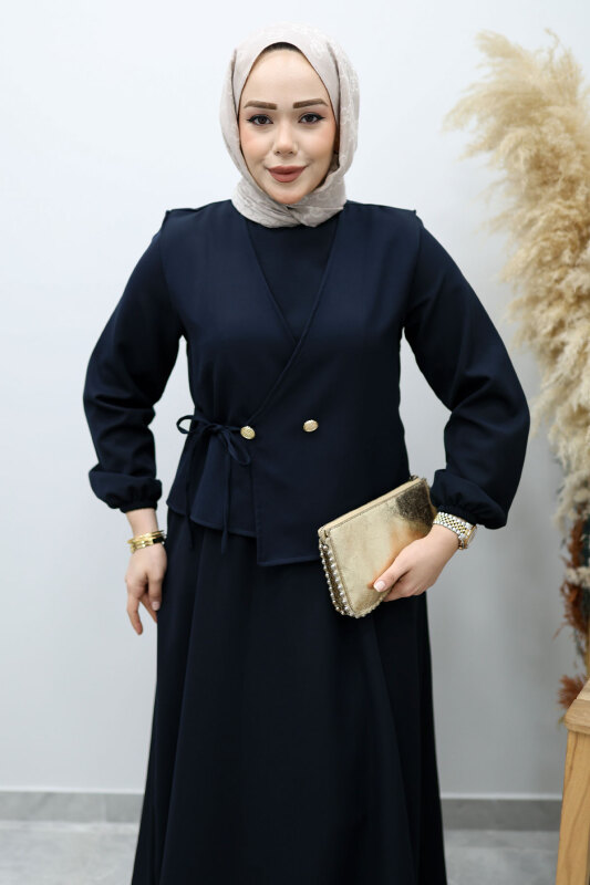 Bağlamalı Yelekli Elbise TSD260153 Lacivert - 2