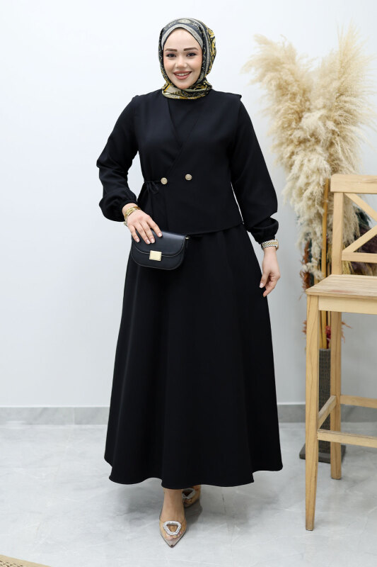Bağlamalı Yelekli Elbise TSD260153 Siyah - 1