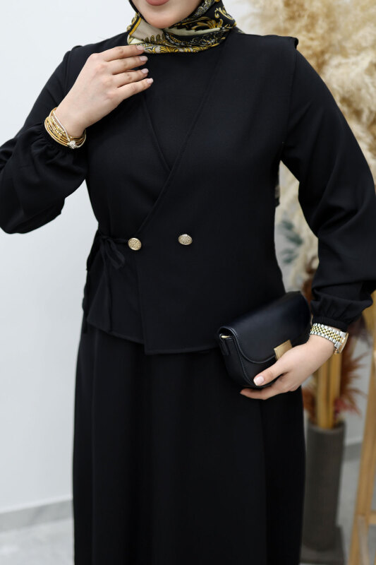 Bağlamalı Yelekli Elbise TSD260153 Siyah - 4