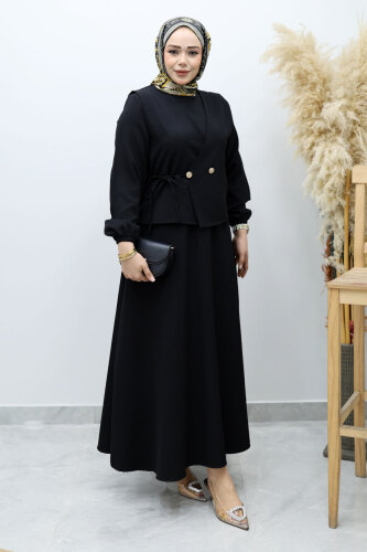 Bağlamalı Yelekli Elbise TSD260153 Siyah - 5