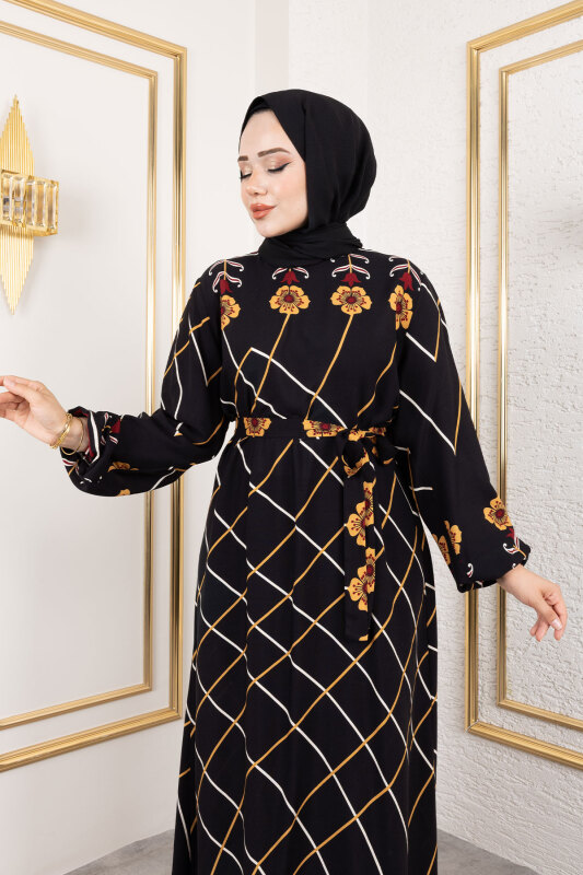 Baklava Desenli Çiçekli Viskon Elbise TSD250203 Siyah - Tesettür Dünyası (1)