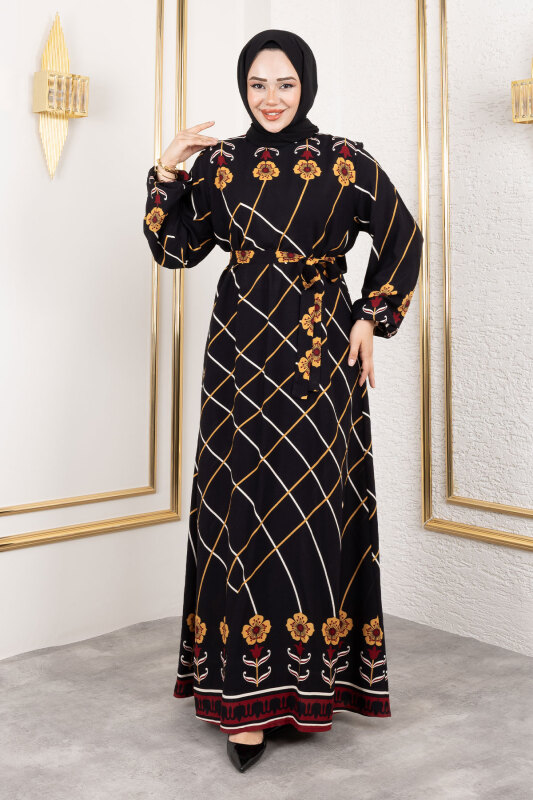 Baklava Desenli Çiçekli Viskon Elbise TSD250203 Siyah - Tesettür Dünyası