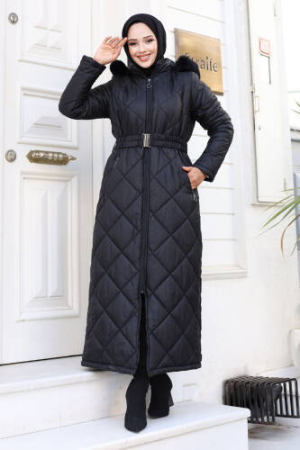 Baklava Desenli Lastik Kemerli Kapitone Mont TSD240711 Siyah - Tesettür Dünyası