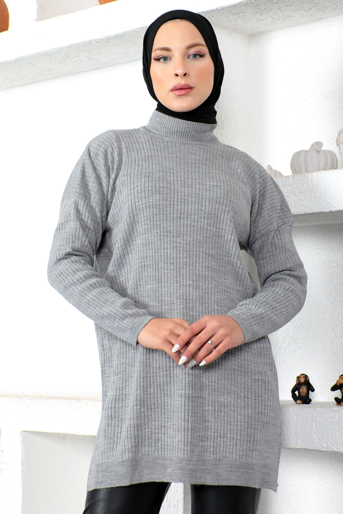 Tesettür Dünyası - Balıkçı Triko Tunik TSD230218 Gri