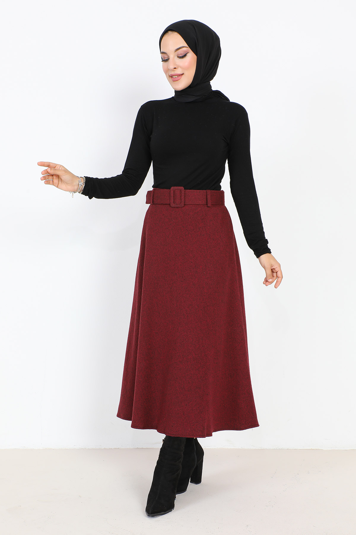 Tesettür Dünyası - Balıksırtı Desenli Mevlana Etek TSD0047 Bordo