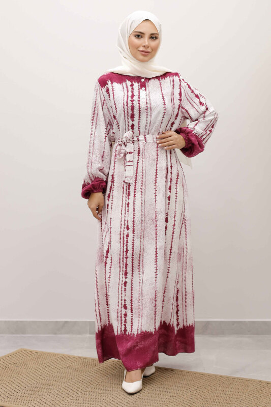 Batik Desenli Viskon Elbise TSD250229 Fuşya - 1